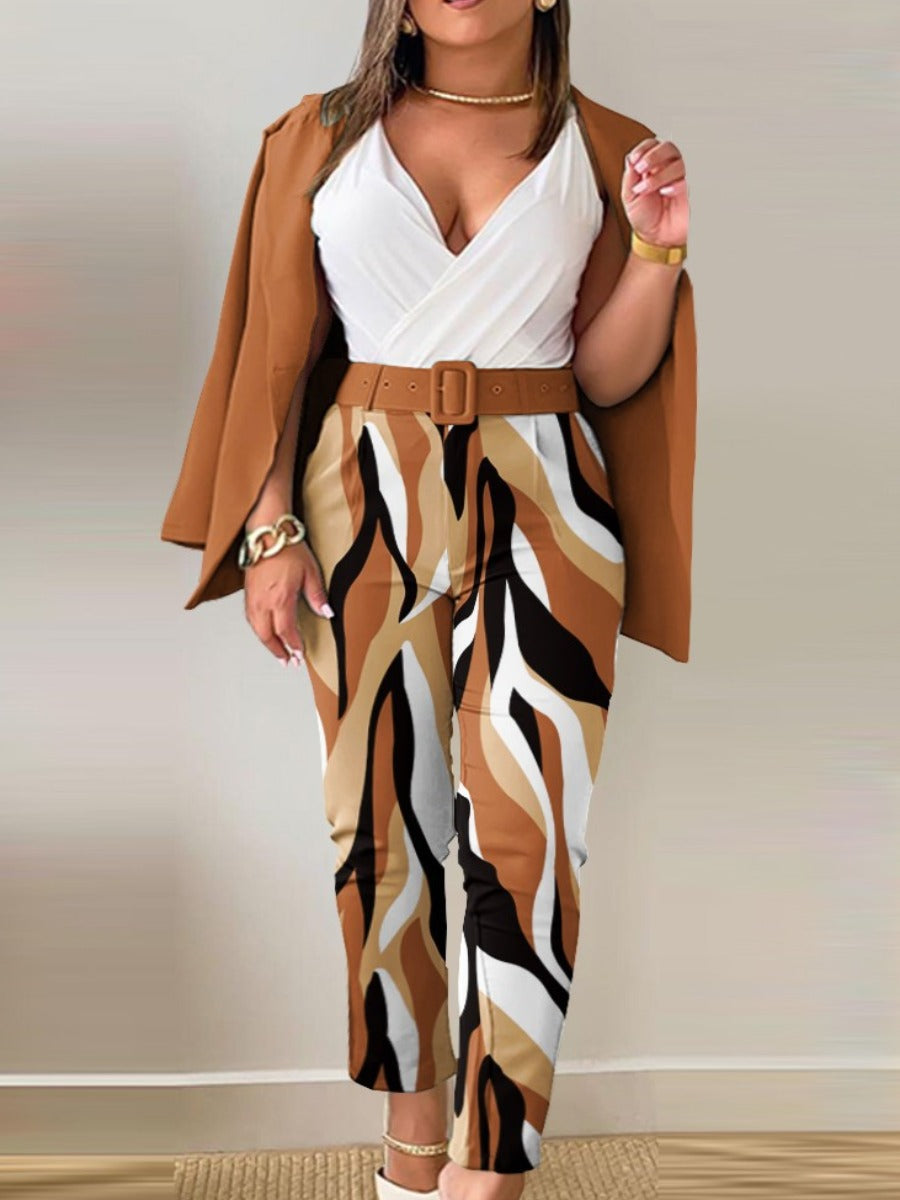 Plus Size Letter Print Belt Design Blazer Pants Set BO3021