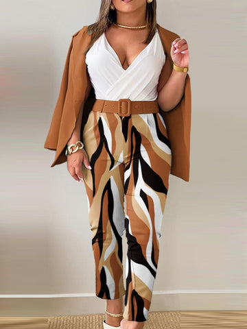 Plus Size Letter Print Belt Design Blazer Pants Set BO3021