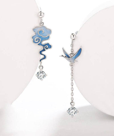 Gradient Color Blue Sterling Silver Asymmetricar Zircon Xiangyun Crane Tassel Drop Earrings TW1010