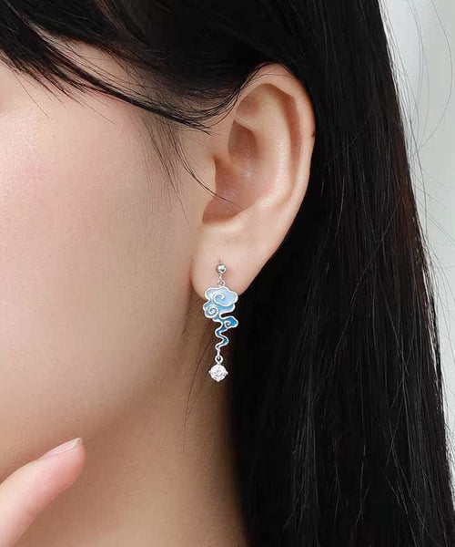 Gradient Color Blue Sterling Silver Asymmetricar Zircon Xiangyun Crane Tassel Drop Earrings TW1010