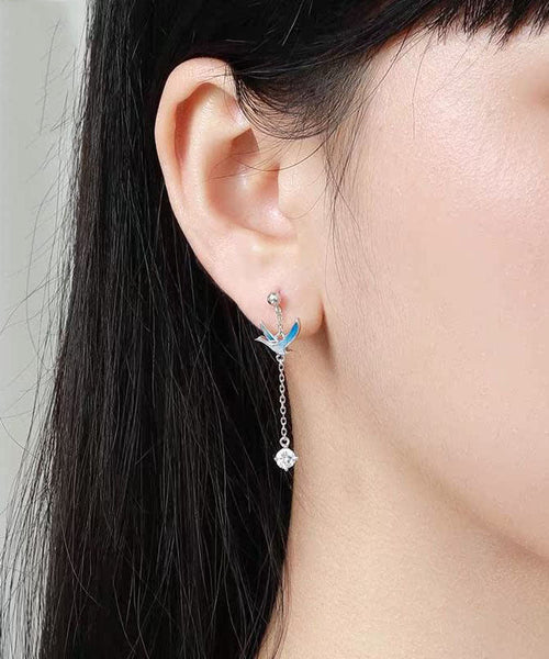 Gradient Color Blue Sterling Silver Asymmetricar Zircon Xiangyun Crane Tassel Drop Earrings TW1010