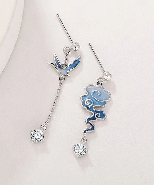 Gradient Color Blue Sterling Silver Asymmetricar Zircon Xiangyun Crane Tassel Drop Earrings TW1010