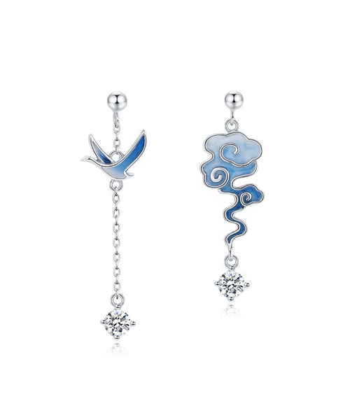 Gradient Color Blue Sterling Silver Asymmetricar Zircon Xiangyun Crane Tassel Drop Earrings TW1010