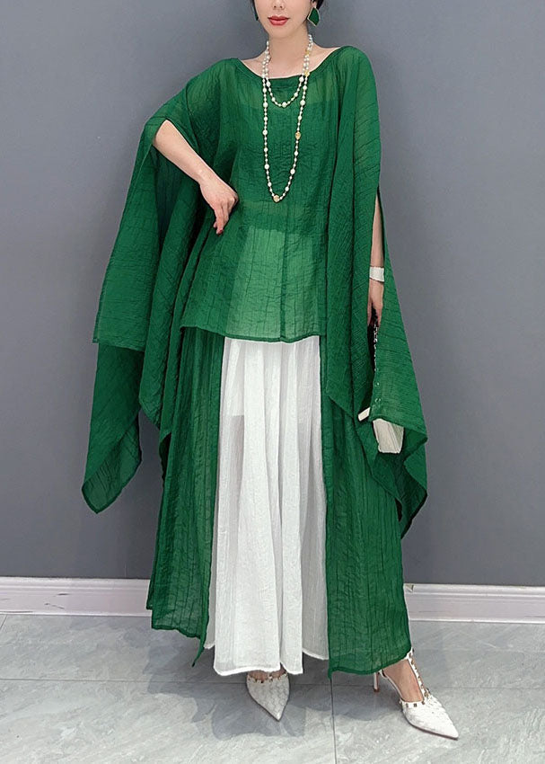 Green Asymmetrical Design Cotton Two Pieces Set Oversized Batwing Sleeve LY1577