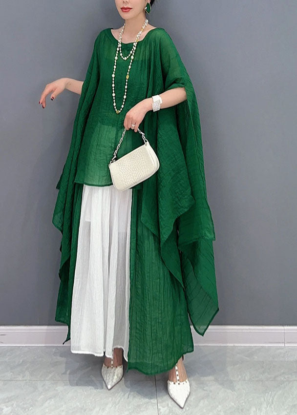 Green Asymmetrical Design Cotton Two Pieces Set Oversized Batwing Sleeve LY1577