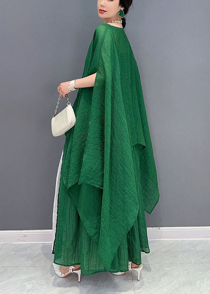 Green Asymmetrical Design Cotton Two Pieces Set Oversized Batwing Sleeve LY1577