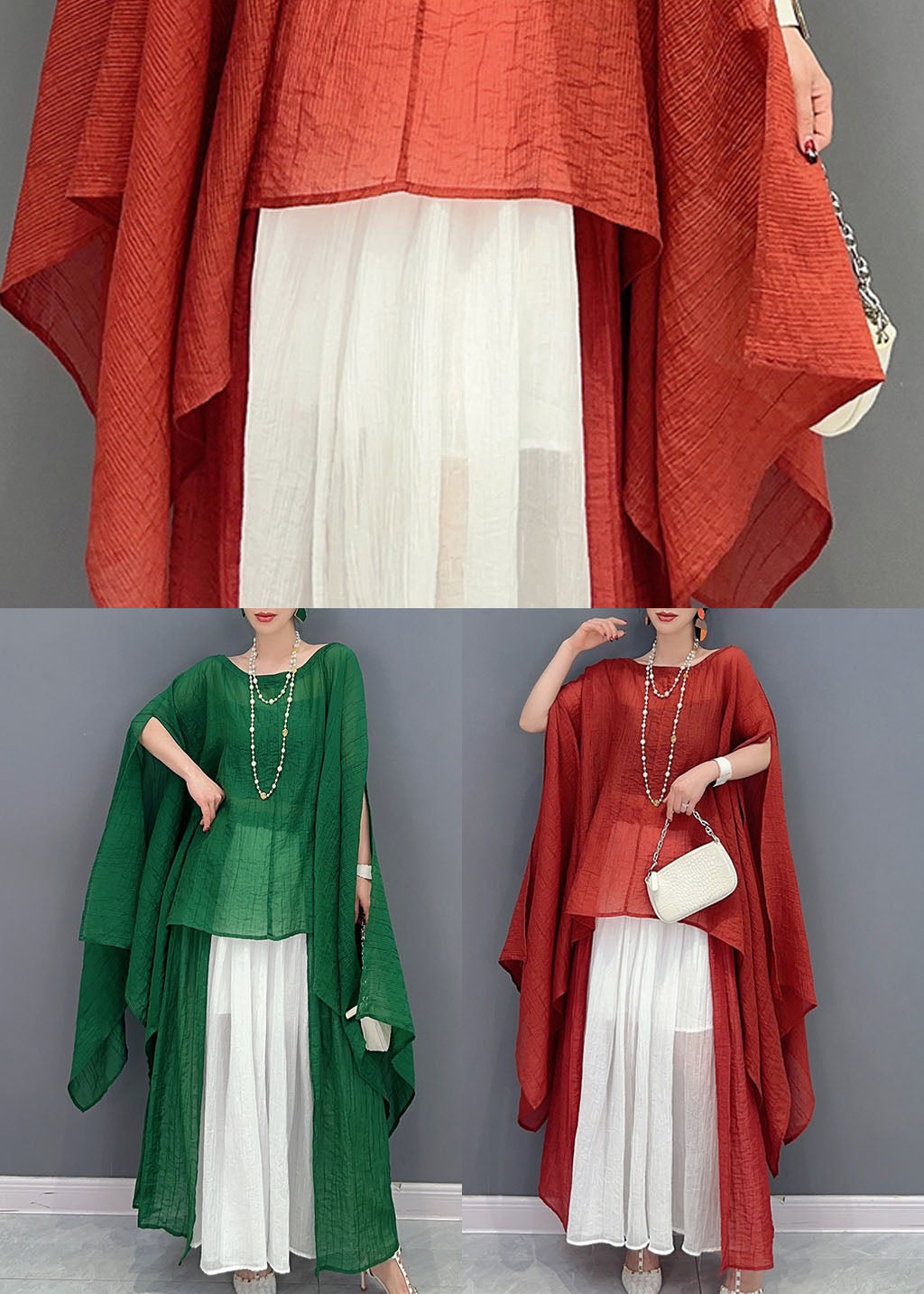 Green Asymmetrical Design Cotton Two Pieces Set Oversized Batwing Sleeve LY1577