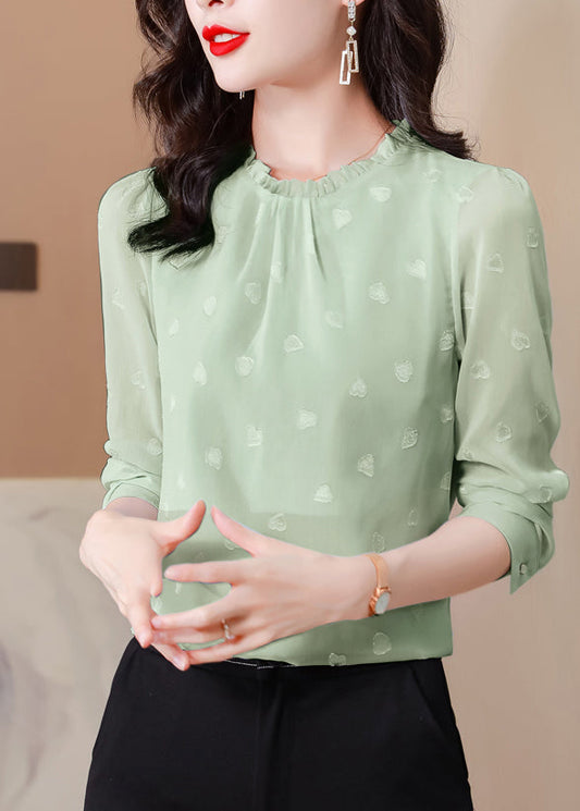 Green Chiffon Shirt Top O-Neck Ruffled Spring LY0451