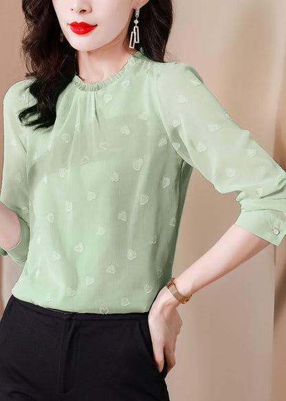 Green Chiffon Shirt Top O-Neck Ruffled Spring LY0451