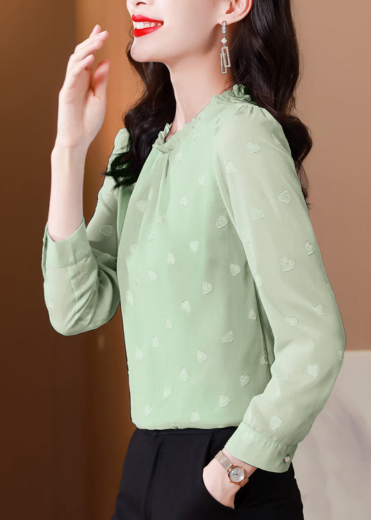 Green Chiffon Shirt Top O-Neck Ruffled Spring LY0451