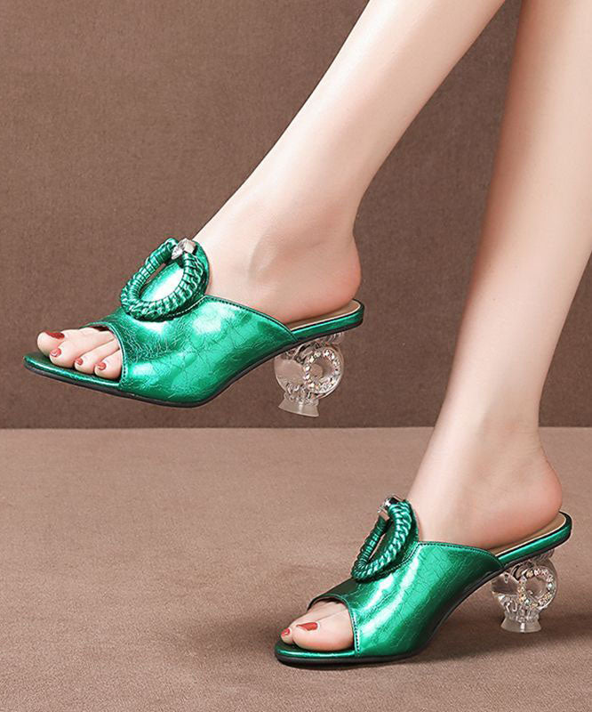 Green Chunky Clear Heels Cowhide Leather Stylish Peep Toe Thong Sandals LC0189