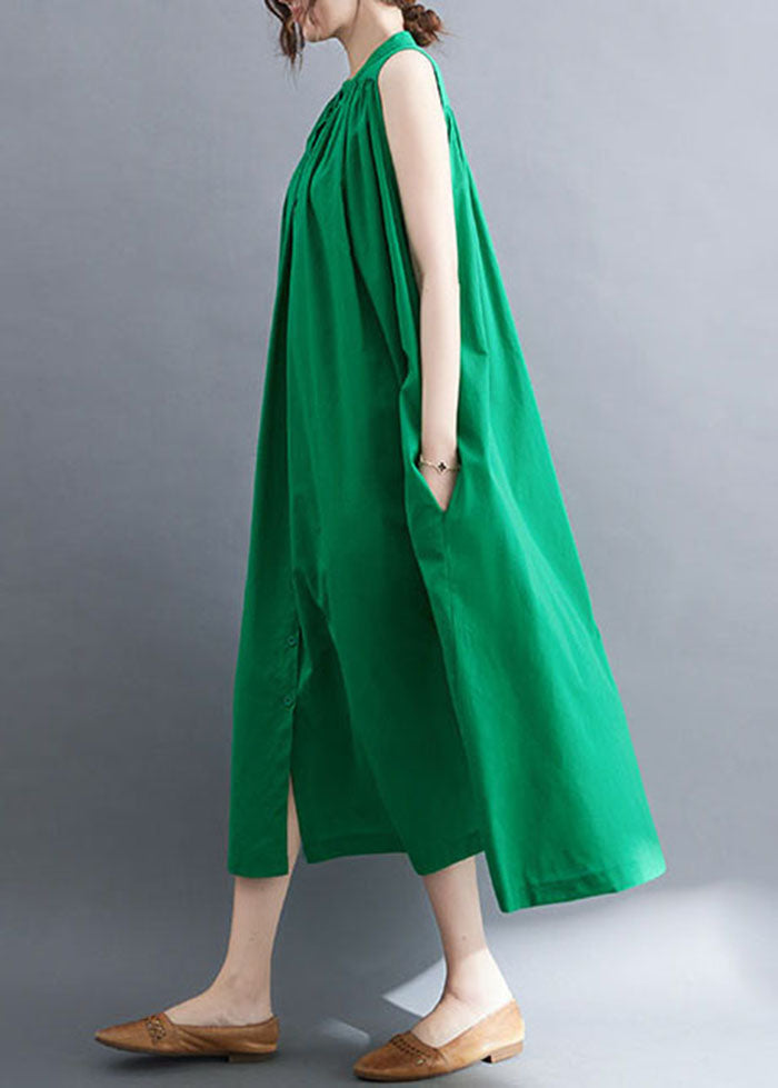 Green Cotton A Line Dress O-Neck Oversized Summer LY0656