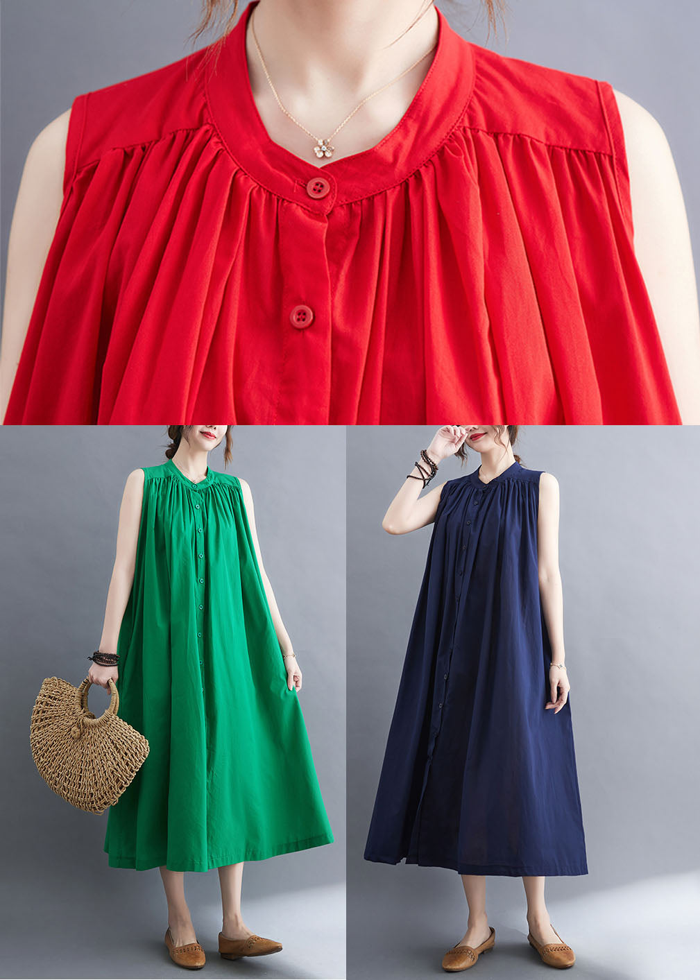 Green Cotton A Line Dress O-Neck Oversized Summer LY0656