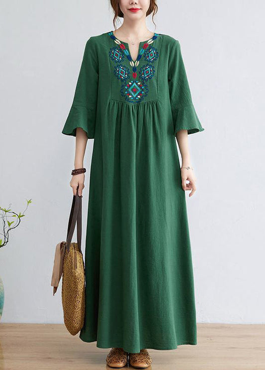 Green Cotton Long Dress Embroideried Exra Large Hem Flare Sleeve LY0900