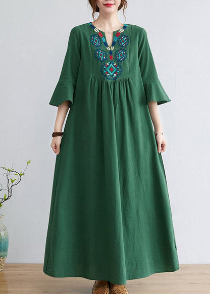 Green Cotton Long Dress Embroideried Exra Large Hem Flare Sleeve LY0900