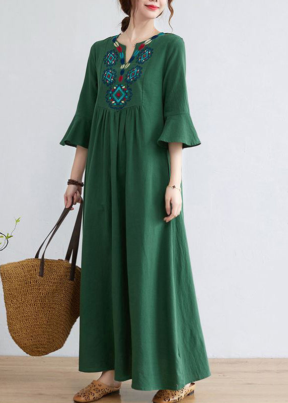 Green Cotton Long Dress Embroideried Exra Large Hem Flare Sleeve LY0900