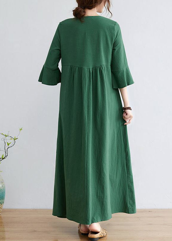 Green Cotton Long Dress Embroideried Exra Large Hem Flare Sleeve LY0900