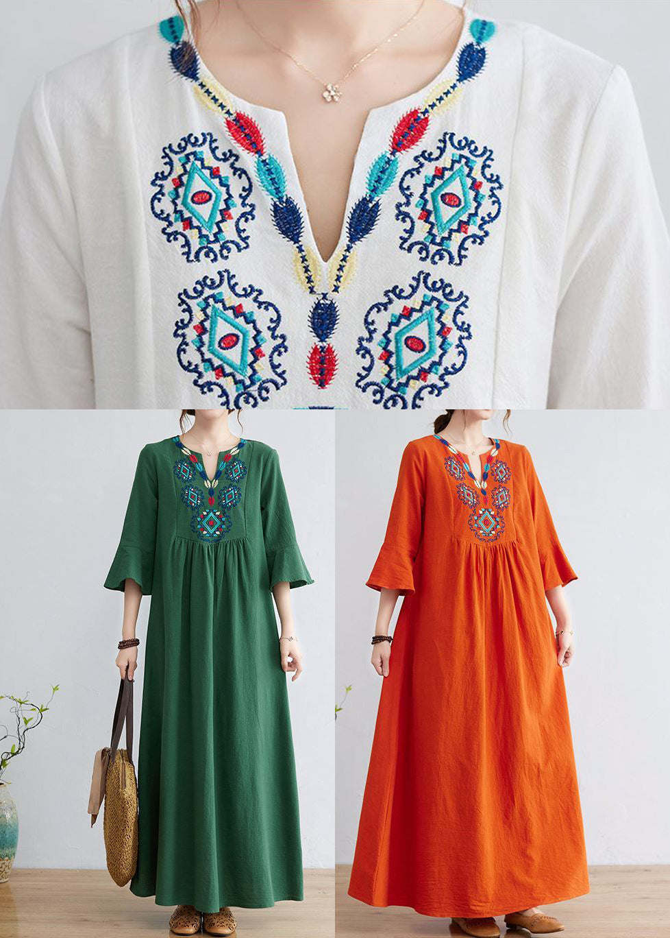 Green Cotton Long Dress Embroideried Exra Large Hem Flare Sleeve LY0900