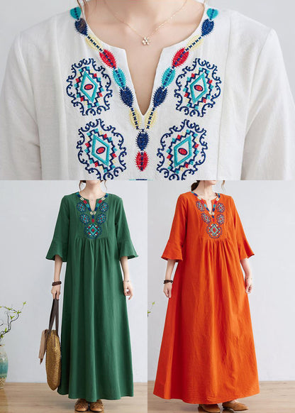 Green Cotton Long Dress Embroideried Exra Large Hem Flare Sleeve LY0900