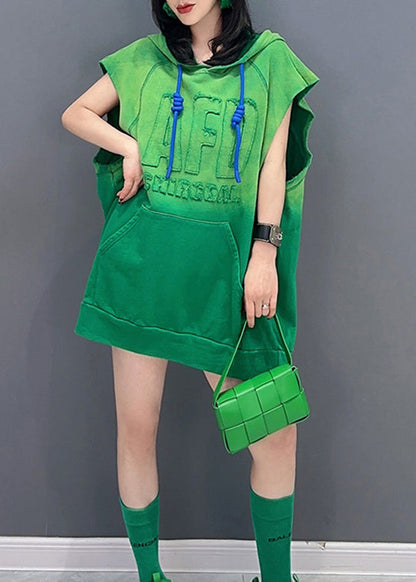 Green Drawstring Tie Waist Hooded Top Short Sleeved LC0317