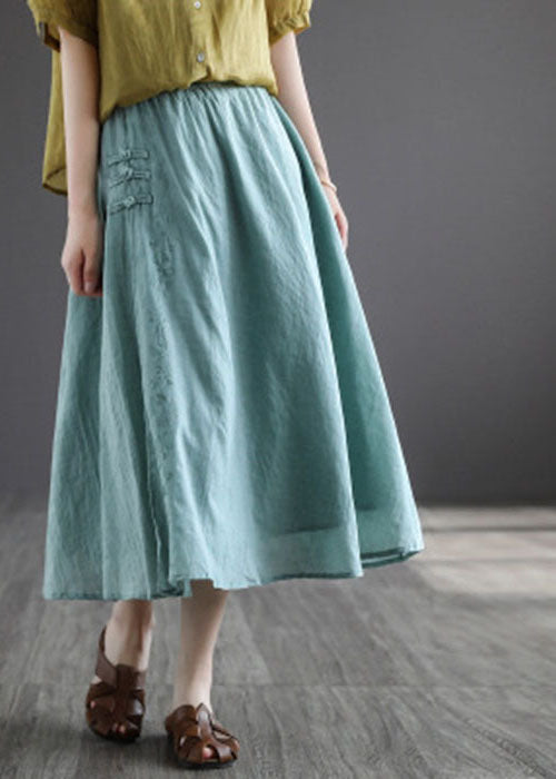 Green Exra Large Hem Linen A Line Skirt Chinese Button Spring TG1023