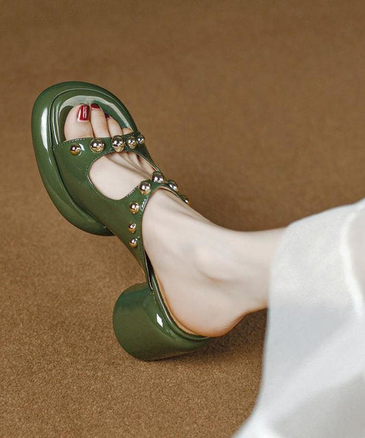 Green Faux Leather Chic Rivet Splicing Peep Toe Chunky Slide Sandals LY1768