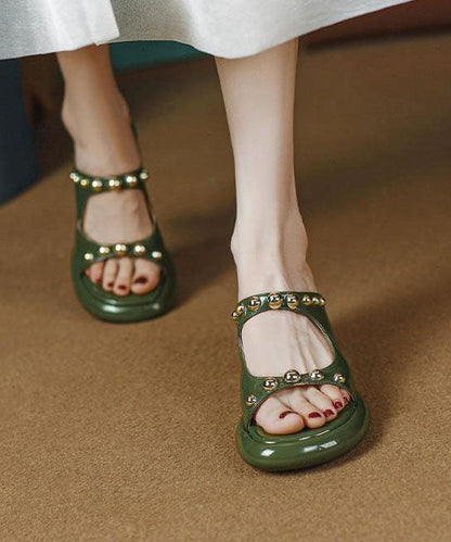 Green Faux Leather Chic Rivet Splicing Peep Toe Chunky Slide Sandals LY1768