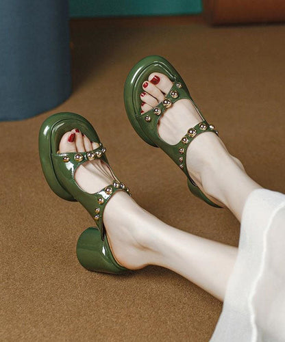 Green Faux Leather Chic Rivet Splicing Peep Toe Chunky Slide Sandals LY1768