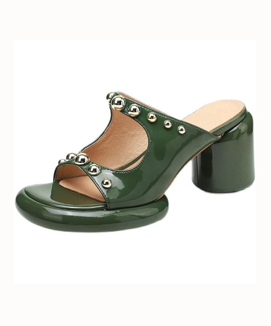 Green Faux Leather Chic Rivet Splicing Peep Toe Chunky Slide Sandals LY1768