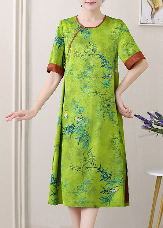 Green Jacquard Patchwork Silk Dresses O Neck Side Open SummerTI1047