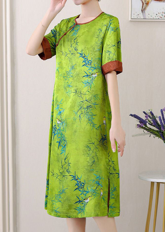 Green Jacquard Patchwork Silk Dresses O Neck Side Open SummerTI1047