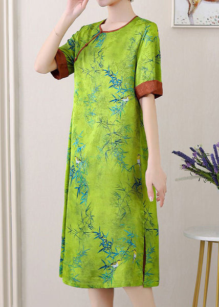 Green Jacquard Patchwork Silk Dresses O Neck Side Open SummerTI1047