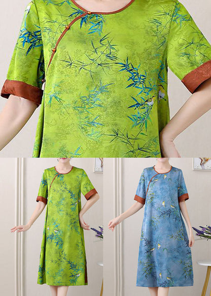 Green Jacquard Patchwork Silk Dresses O Neck Side Open SummerTI1047