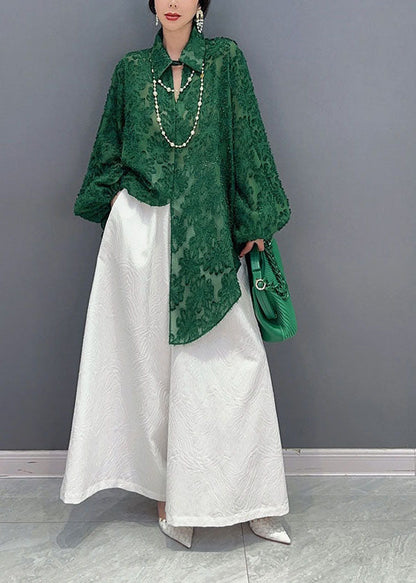 Green Jacquard Tulle Long Shirts Oversized Hollow Out Spring LY1569