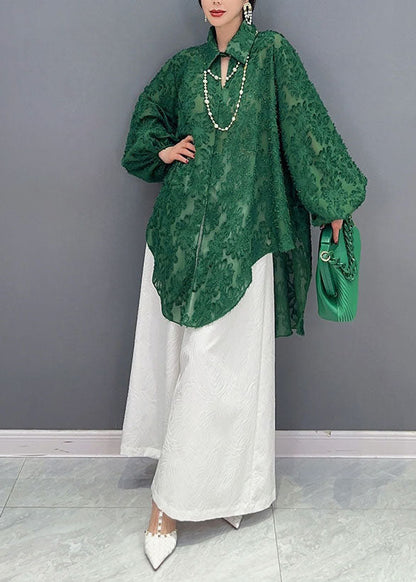 Green Jacquard Tulle Long Shirts Oversized Hollow Out Spring LY1569