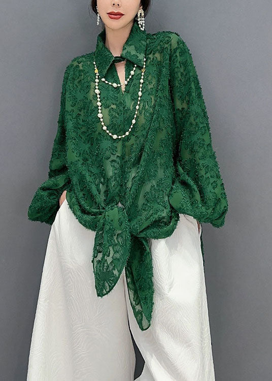 Green Jacquard Tulle Long Shirts Oversized Hollow Out Spring LY1569