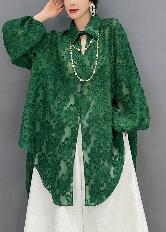 Green Jacquard Tulle Long Shirts Oversized Hollow Out Spring LY1569