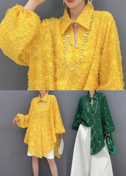 Green Jacquard Tulle Long Shirts Oversized Hollow Out Spring LY1569