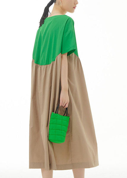 Green Patchwork Cotton Vacation Dresses O Neck Wrinkled Summer LY1157