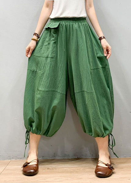 Green Patchwork Linen Lantern Pants Wrinkled Elastic Waist Summer LY0612