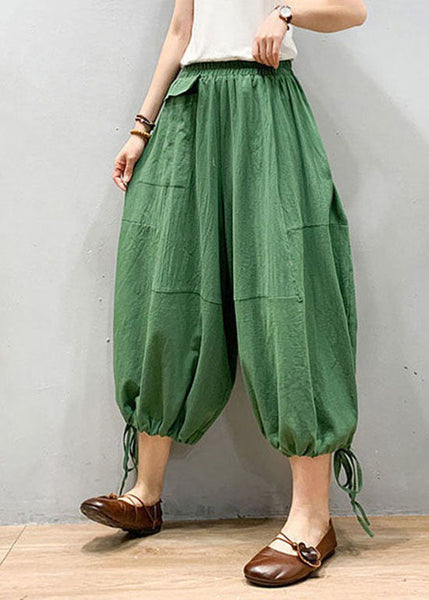Green Patchwork Linen Lantern Pants Wrinkled Elastic Waist Summer LY0612