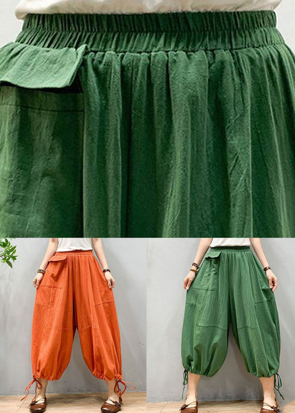Green Patchwork Linen Lantern Pants Wrinkled Elastic Waist Summer LY0612