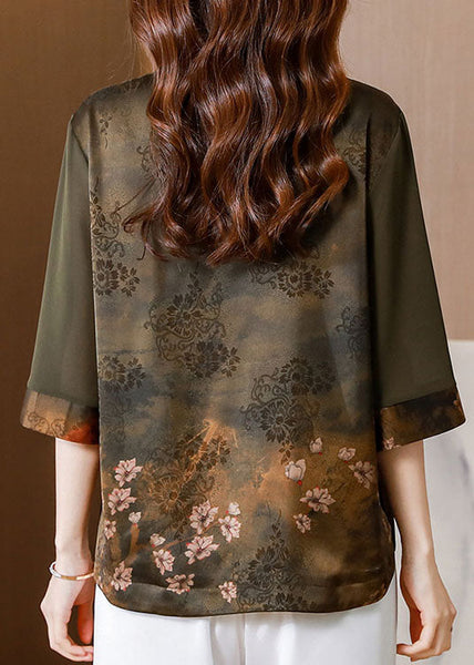 Green Patchwork Print Silk Shirt Oriental Button Summer LY0465