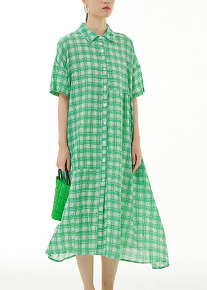 Green Peter Pan Collar Cotton Long Dresses Short Sleeve LY1175