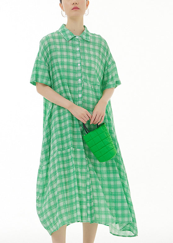 Green Peter Pan Collar Cotton Long Dresses Short Sleeve LY1175