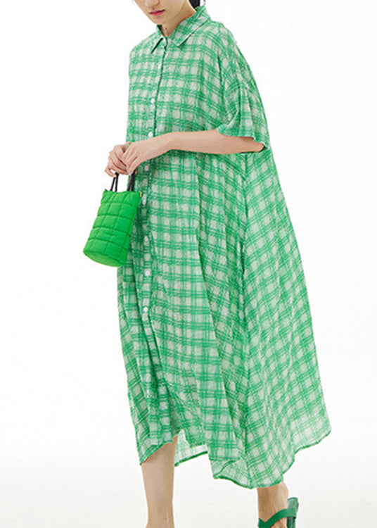 Green Peter Pan Collar Cotton Long Dresses Short Sleeve LY1175