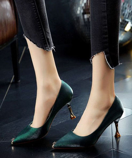 Green Pointed Toe Stiletto Faux Leather Unique Zircon Splicing LY1744