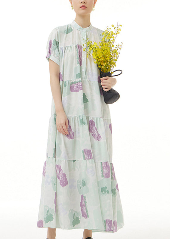 Green Print Button Maxi Dress Short Sleeve LY1207