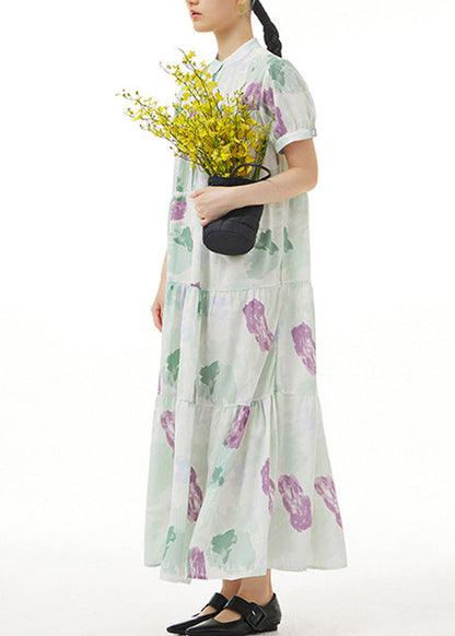 Green Print Button Maxi Dress Short Sleeve LY1207