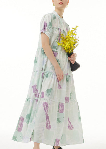 Green Print Button Maxi Dress Short Sleeve LY1207